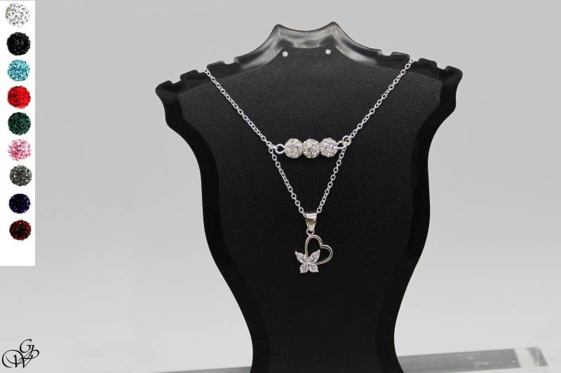 Halskette 2 Reihen Schmetterling Aus Silber Und Kristall Mit 3 Perlen Shamballa, Der Wahl von GillWellsCreations
