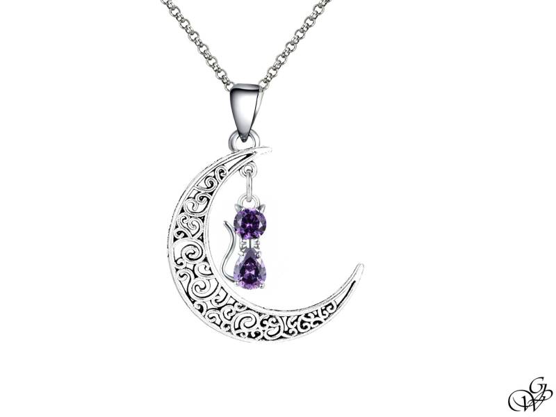 Halskette Kleine Kristallkatze Unter Einem Silbernen Halbmond, Steinen Und Ketten Ihrer Wahl von GillWellsCreations