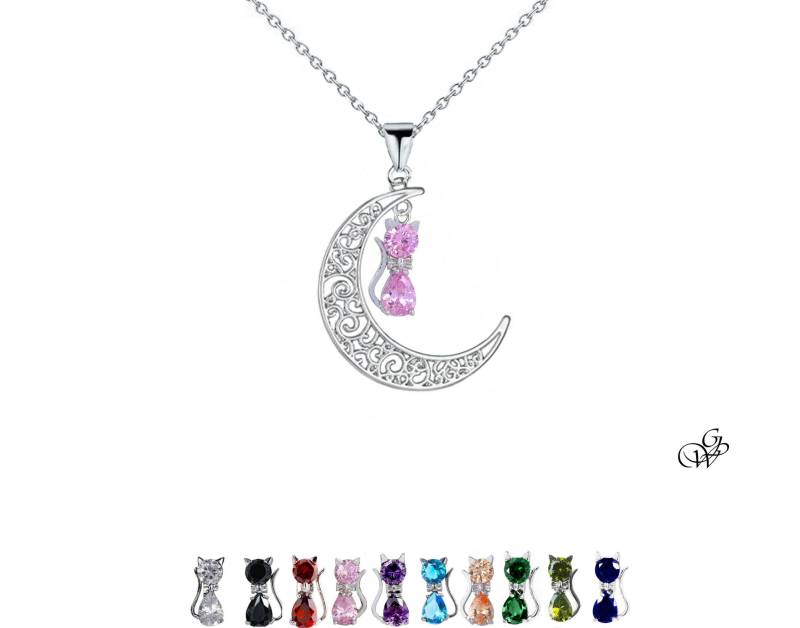 Halskette Kleine Kristallkatze Unter Einem Silbernen Halbmond, Steinen Und Ketten Ihrer Wahl von GillWellsCreations