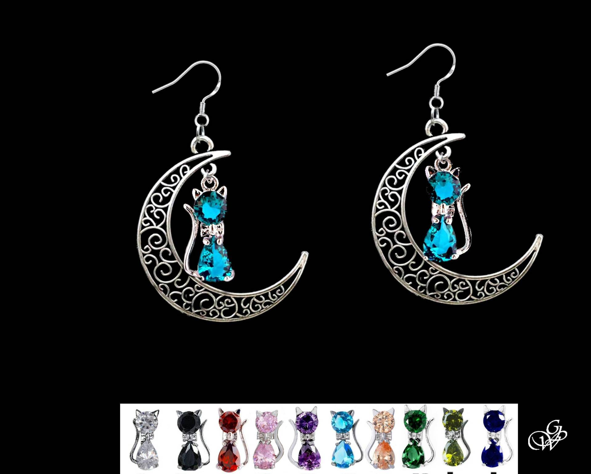 Kleine Katzenohrringe Aus Kristall Unter Dem Silbernen Mond, Stein Ihrer Wahl von GillWellsCreations
