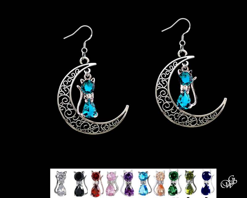 Kleine Katzenohrringe Aus Kristall Unter Dem Silbernen Mond, Stein Ihrer Wahl von GillWellsCreations