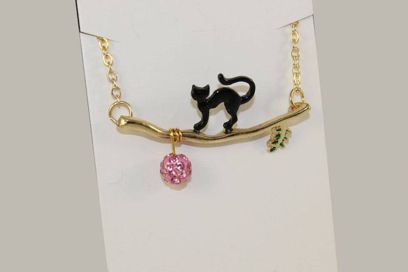 Kristallkatzenhalskette Des Schwarzen Goldzweiges, Kleines Katzengeschenk, Shambala-Kristallballkatze, Katzenjuwel von GillWellsCreations