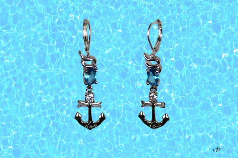 „Marineblauer Anker Mit Aquamarinkristall" 925-Ohrringe von GillWellsCreations
