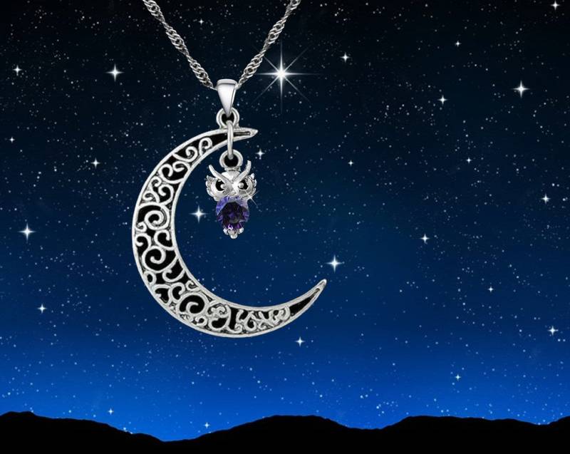 Mond-Halbmond-Halskette Mit Glücklicher Amethyst-Eule von GillWellsCreations