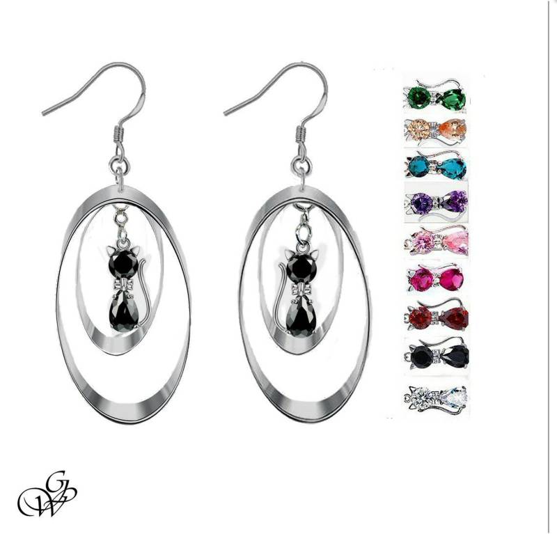 Ohrringe Schwarze Katze Doppelkreolen Oval Silber, Steine Zur Auswahl von GillWellsCreations