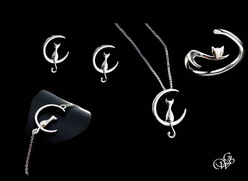 Set 4 Teile Katze Sitzt Auf Einem Halbmond, 925 Silber von GillWellsCreations