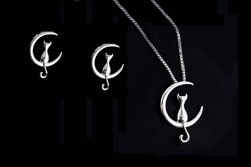 Set Katze Sitzend Mondsichel 925, Juwel Kätzchen Geld, Natur Geschenk, Vergnügen Tier von GillWellsCreations