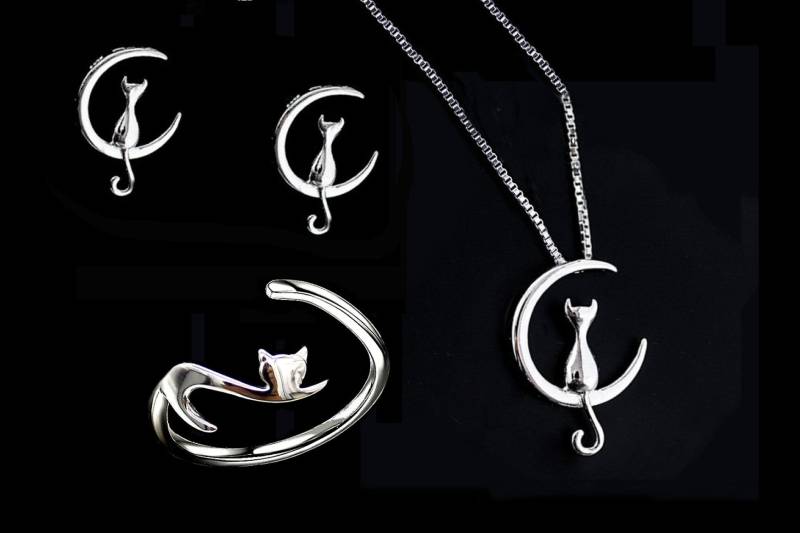 Set Katze Sitzt Mondsichel 925, Jewel Kitten Silber 3 Stück Mit Verstellbarem Ring, Geschenk Natur, Lusttier von GillWellsCreations