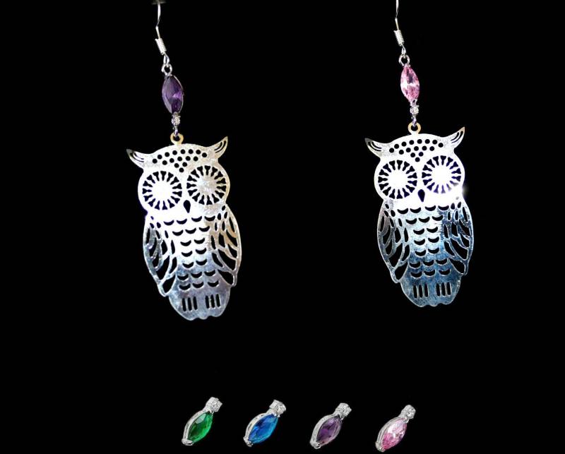 Übergroße, Filigrane Ohrringe Mit Glücklicher Eule Und Kristall-Marquise, Farbauswahl von GillWellsCreations