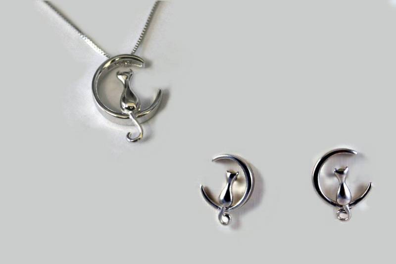 Verzierungs-Katze-Sichelförmiger Mond 925 Silber, Ohrringe, Die Kätzchenhalskette, Den Himmel Gegenüberstellt von GillWellsCreations