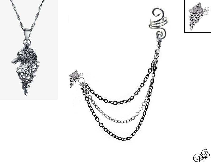 Vintage-Ohrmanschette + Halskette Mit Wikinger-Wolf An Ketten, Mehrere Clips Zur Auswahl von GillWellsCreations