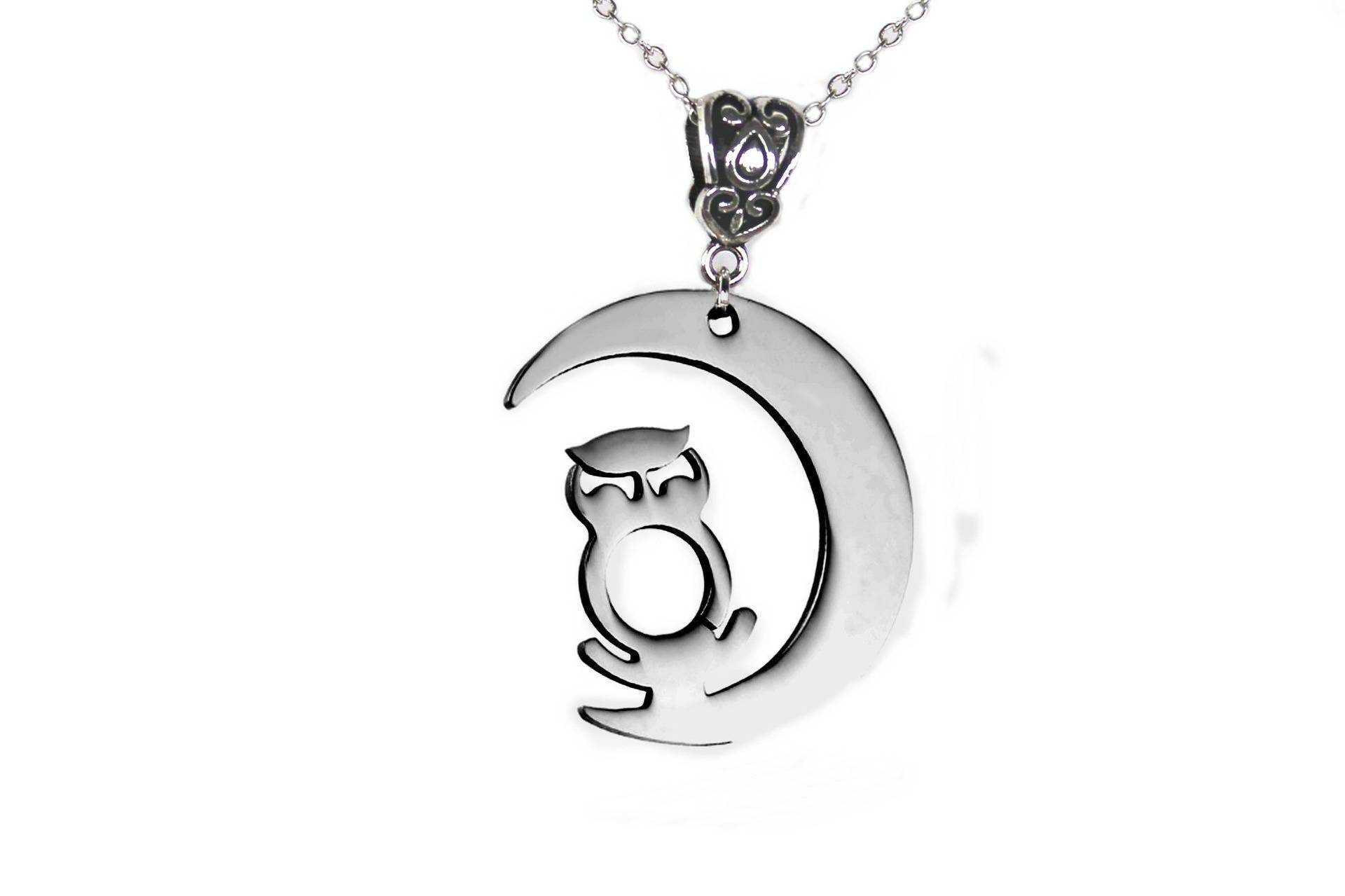 stahl Crescent Moon Owl Halskette, Glücksbringer, Tier Schmuck von GillWellsCreations
