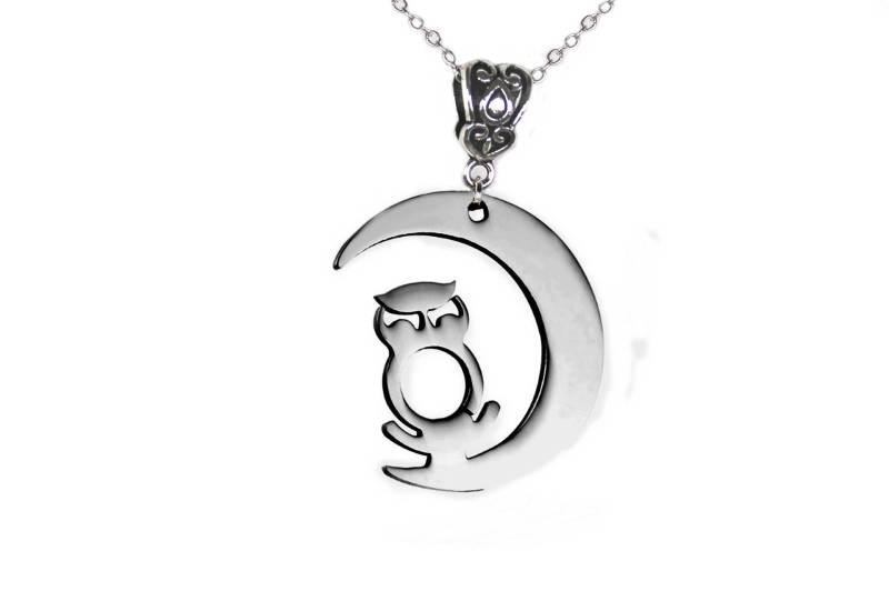 stahl Crescent Moon Owl Halskette, Glücksbringer, Tier Schmuck von GillWellsCreations