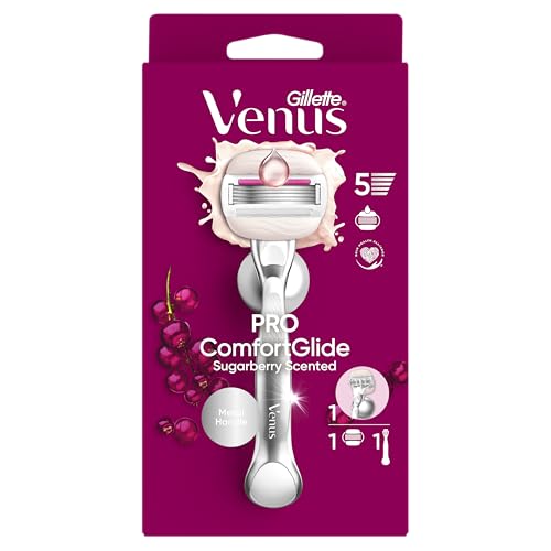 Gillette Venus Pro ComfortGlide Damenrasierer mit Sugarberry-Duft, wiederverwendbarer Metallgriff, mit 5 Klingen und Arganöl-Taste, sanfte Rasur, Pflege für trockene Haut von Venus