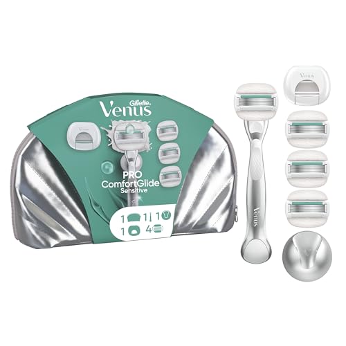 Gillette Venus Pro ComfortGlide Sensitive Damenrasierer mit einem Hauch von Aloe Vera, 4 Ersatzklingen, langlebiges Metallhandstück, Duschhalterung, Reiseschutzkappe und Reisetasche von Gillette Venus