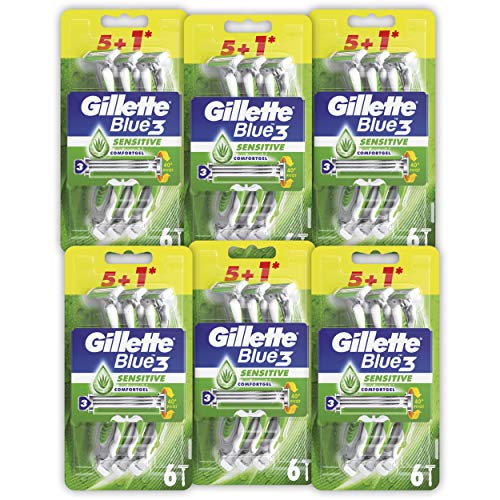 Gillette Blue3 Sensitive Einweg-Rasierer für Männer, 36 Stück, (6 x 6) Bis zu 10 Komfortable Rasur Ein Rasiermesser von Gillette