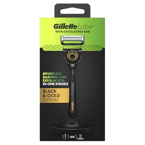 Gillette Labs Herren Rasierer + 1 Rasierklingen-Nachfüllpackung, mit Peelingstab, Geschenk für Männer, inklusive Premium Magnetständer, Black & Gold Edition von Gillette