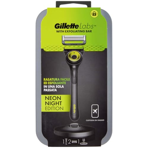 Gillette LABS Rasierer für Herren, mit 2 Ersatzklingen, Magnetbasis und integrierter Stange, beseitigt Hautunreinheiten, einfache Rasur, optimaler Komfort, Reisetasche, Schwarz und Grün, Geschenkidee von Gillette