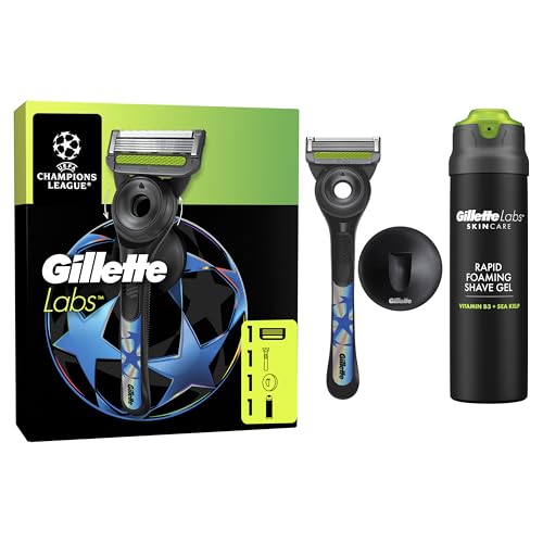 Gillette Labs UEFA Champions League Special Edition mit Reinigungselement, Rasierer für Männer, 1 Handstück 1 Ersatzklingen, mit Wandhalterung für einfache Lagerung und Labs Rasiergel 198 ml von Gillette