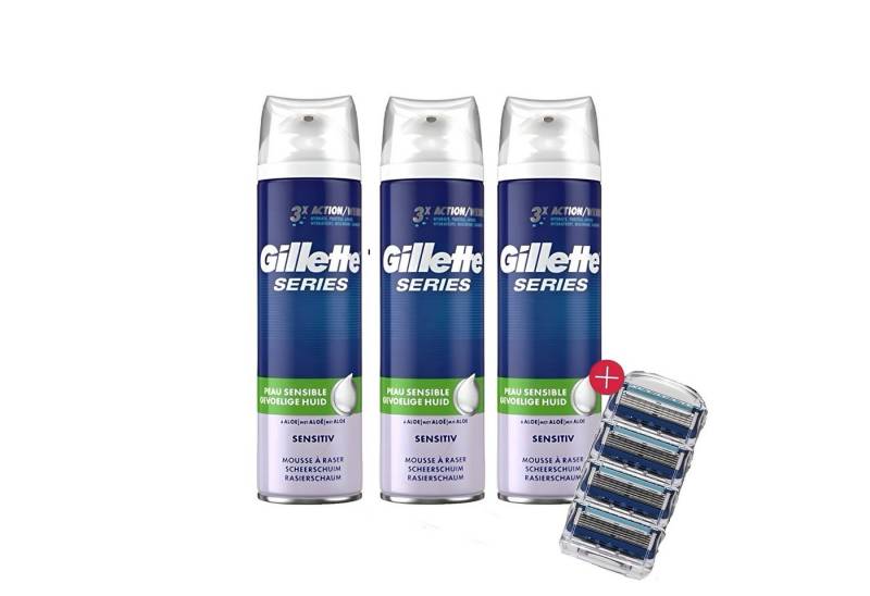 Gillette Rasierschaum 3 tlg Gillette ProGlide Power 4 Rasierklingen Fusion 5 Proglide Mach3, 7-tlg., Präzisionstrimmer für Männer, Aloe-Formel Schutz Feuchtigkeitsspendend Empfindliche Haut von Gillette