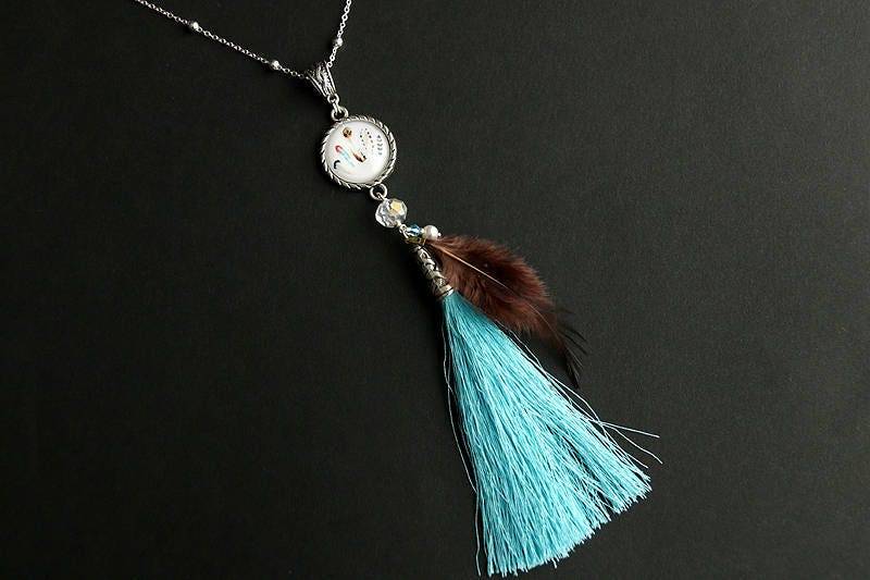 Quaste Halskette. Feder-Halskette. Aqua Blau Braune Türkis Silber Handgemachte von Gilliauna