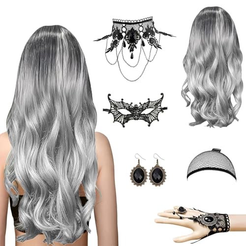 Faschingsperücke Damen, Perücke Halloween Damen, Lange Graue Locken Perücke, Silbergraue Hexenperücke mit Haarnetz, Halskette & Ohrringe, für Halloween, Karneval, Gothische Mottoparty Faschingsperücke Damen, Perücke Halloween Damen, Lange Graue Locken Perücke, Silbergraue Hexenperücke mit Haarnetz, Halskette & Ohrringe, für Halloween, Karneval, Gothische Mottoparty von Gillterway