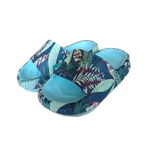 Giltpeak Badelatschen Kinder Mädchen, Pummy Original Wolken Schlappen Jungen, Flache Hausschuhe Super Weich Rutschfest Badeschuhe Sommer Strand Für Adults Kinder(Blaue Blätter,22/23) von Giltpeak