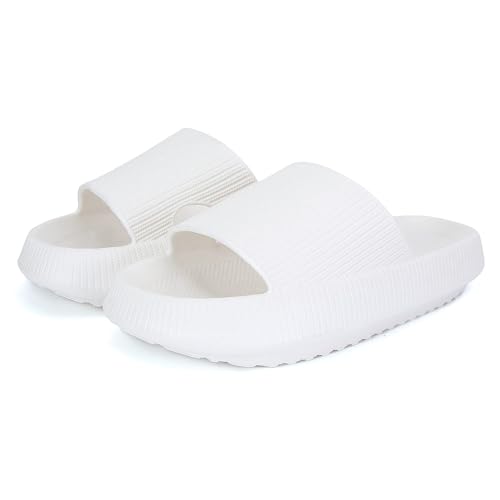 Giltpeak Badelatschen Kinder Mädchen, Pummy Original Wolken Schlappen Jungen, Flache Hausschuhe Super Weich Rutschfest Badeschuhe Sommer Strand Für Adults Kinder(Weiß,26/27) von Giltpeak