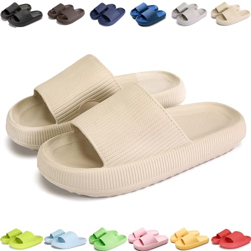 Giltpeak Pummy Original Damen Cozy Slides, Schlappen Wolkenschuhe Super Weich Rutschfest Badeschuhe Für Kinder Adults (Beige, Erwachsene, Damen, 36, Numerisch (von/bis), EU Schuhgrößensystem, 37, M) von Giltpeak