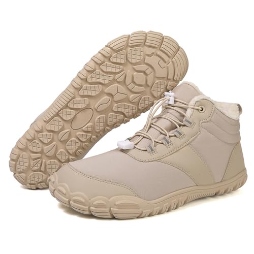 Winter Barfußschuhe Damen Herren Wasserdicht Schnell Warm Gefüttert Winterschuhe Wanderschuhe Zehenschuhe rutschfeste Stiefel(B-Beige,38) von Giltpeak