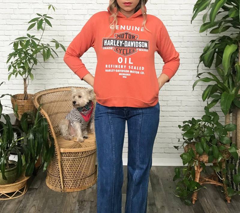 Vintages Harley Davidson Sweatshirt Xs Kleine Größe Orange Biker Hoodie Beschnittene Länge Made in Usa Retro Moto Bekleidung Ausrüstung von GimmeShelterVintage