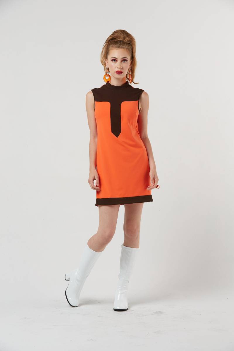 Marlo 1960 Mod Space Age Inspiriert Orange & Braun Detailliertes Ärmelloses Mockneck Mini Punta Stricken Etuikleid Xs-Xl von GimmickbyRachel