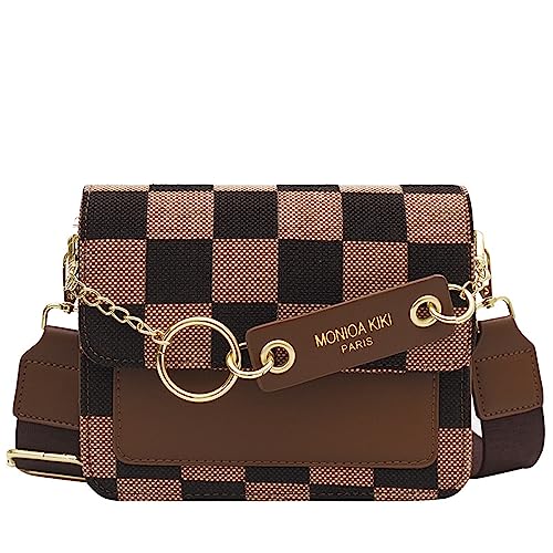 Gimue Kleine Crossbody Tasche für Frauen Checkerboard Umhängetasche Vintage Kette Satchel Retro Hobo Geldbörse, Braun von Gimue