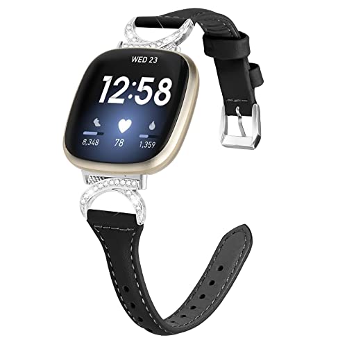 Gimuk Lederband Kompatibel mit Fitbit Versa 4/Sense 2 Armband, Frauen Mädchen Echtes Leder Sport Band Metall Bling Strass Ersatzband Wristband für Fitbit Versa 3/Sense, 5.5" - 8.1", Leder (Schwarz) von Gimuk