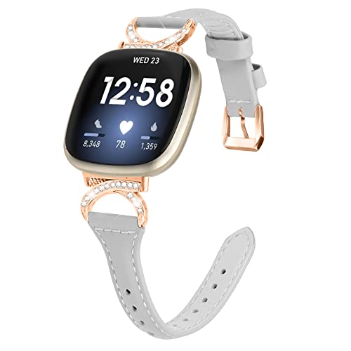 Gimuk Lederarmband kompatibel mit Fitbit Versa 4/Sense 2, Damen-Sportarmband aus echtem Leder mit Metallbling-Strass-Verzierung, 5.5" - 8.1", Leder von Gimuk
