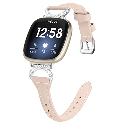 Gimuk Lederband Kompatibel mit Fitbit Versa 4/Sense 2 Armband, Frauen Mädchen Echtes Leder Sport Band Metall Bling Strass Ersatzband Wristband für Fitbit Versa 3/Sense, 5.5" - 8.1", Leder (aprikose) von Gimuk