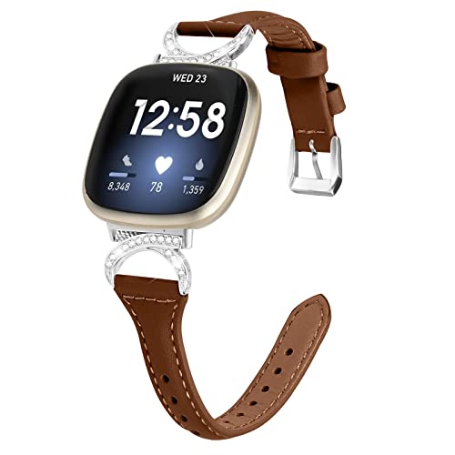 Gimuk Lederband Kompatibel mit Fitbit Versa 4/Sense 2 Armband, Frauen Mädchen Echtes Leder Sport Band Metall Bling Strass Ersatzband Wristband für Fitbit Versa 3/Sense, 5.5" - 8.1", Leder (braun) von Gimuk