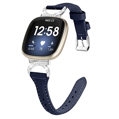 Gimuk Lederband Kompatibel mit Fitbit Versa 4/Sense 2 Armband, Frauen Mädchen Echtes Leder Sport Band Metall Bling Strass Ersatzband Wristband für Fitbit Versa 3/Sense, 5.5" - 8.1", Leder (blau) von Gimuk