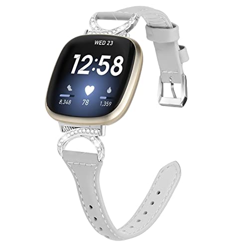 Gimuk Lederband Kompatibel mit Fitbit Versa 4/Sense 2 Armband, Frauen Mädchen Echtes Leder Sport Band Metall Bling Strass Ersatzband Wristband für Fitbit Versa 3/Sense, 5.5" - 8.1", Leder (grau) von Gimuk