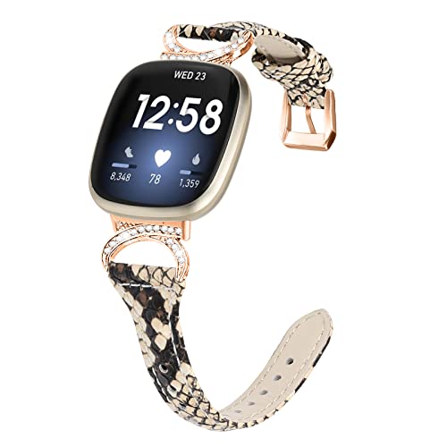 Gimuk Lederarmband, kompatibel mit Fitbit Versa 4/Sense 2, für Damen und Mädchen, echtes Leder, Sportband, Metall, Bling Strass, Ersatzarmband für Fitbit Versa 3/Sense, 5.5" - 8.1", Leder von Gimuk