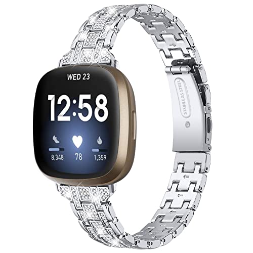 Metallarmband Kompatibel mit Fitbit Versa 4/Fitbit Sense 2/Fitbit Versa 3/Fitbit Sense Armband, Damen Herren Edelstahl Bling Strass Ersatzarmband Armband Zubehör Band Armband, Small/Large (Silber) von Gimuk