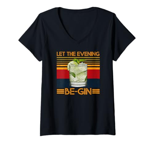 Damen Let The Evening Be-Gin mit Gin und Tonic Wacholder Vintage T-Shirt mit V-Ausschnitt Damen Let The Evening Be-Gin mit Gin und Tonic Wacholder Vintage T-Shirt mit V-Ausschnitt von Gin Tonic Be-Gin Geschenk Shirt