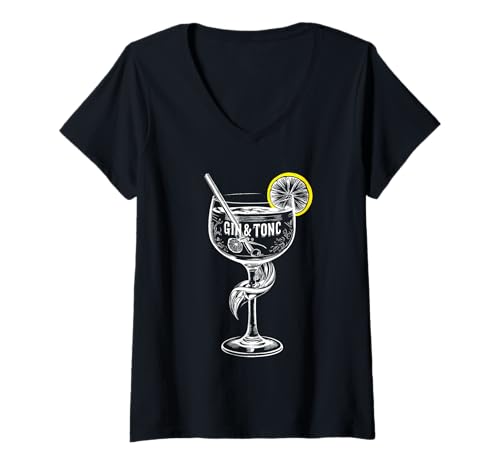 Damen Gin and Tonic Outfit Sommer Party Cocktail Gin Liebhaber T-Shirt mit V-Ausschnitt von Gin mit Tonic Design für Herren Damen Party Drink