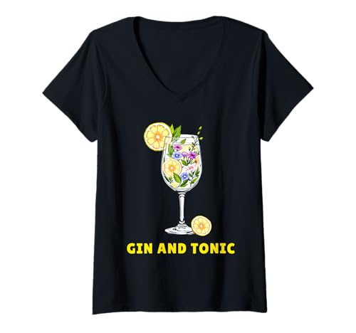 Damen Gin and Tonic Outfit Sommer Party Cocktail Gin Liebhaber T-Shirt mit V-Ausschnitt von Gin mit Tonic Design für Herren Damen Party Drink