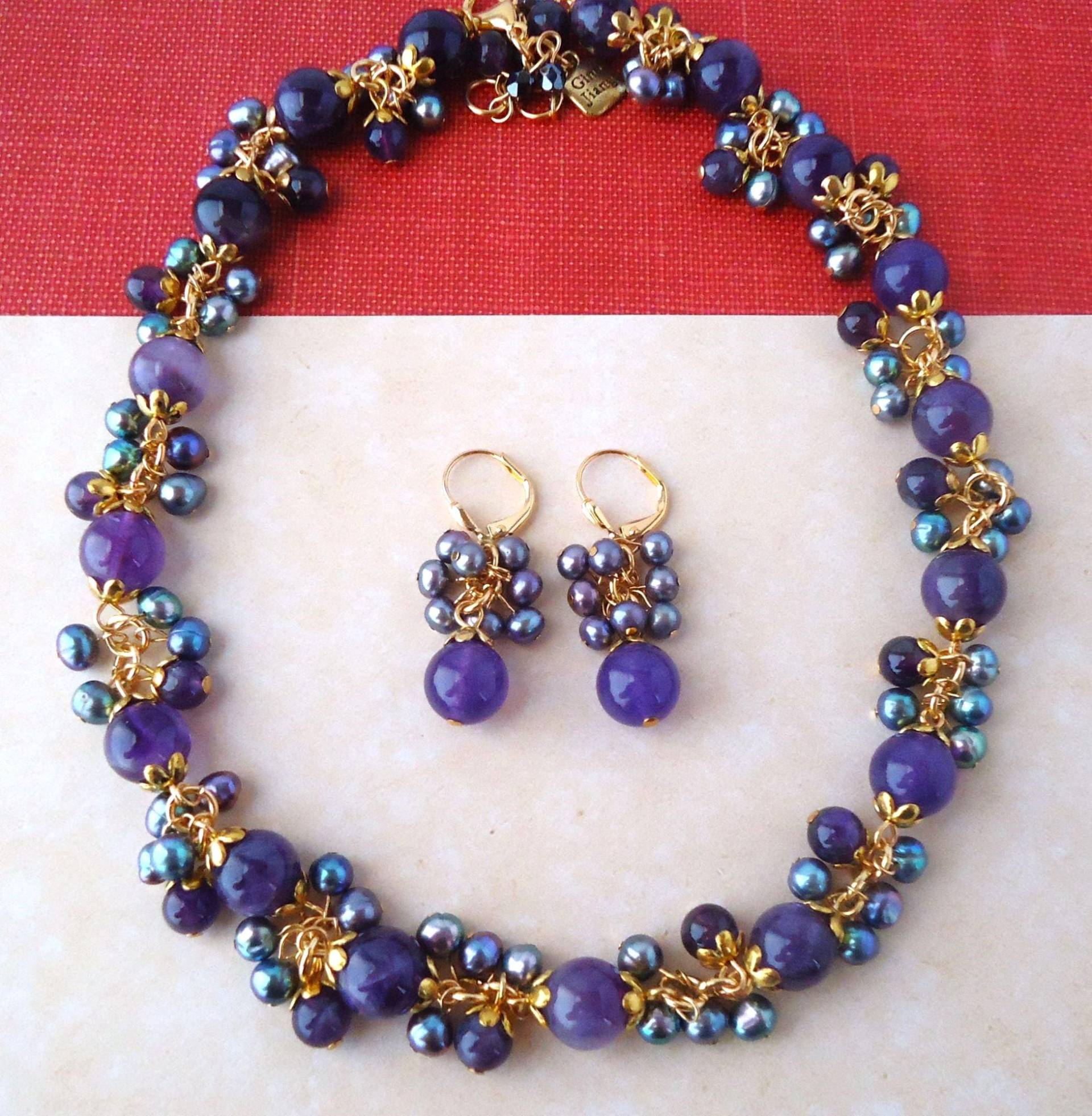 Amethyst Edelstein-Cluster-Halskette.ohrringe.schmuck-Set.perle.perle.perle.perle Amethyst Edelstein-Cluster-Halskette.ohrringe.schmuck-Set.perle.perle.perle.perle von GinaJiangDesign