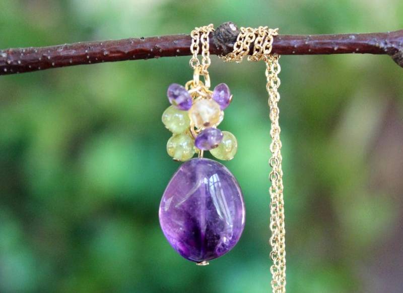 Amethyst Stein Anhänger Halskette Multi Edelstein Sterling Silber Gold Kette Heilung Cluster Peridot Citrin Braut Handgemacht von GinaJiangDesign