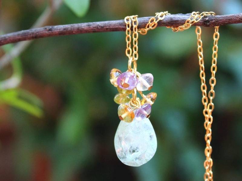 Aquamarin Stein Anhänger Halskette Multi Edelstein 14K Gold Gefüllt Kette Statement Zierliche Braut Amethyst Peridot Cluster Blau Geschenk von GinaJiangDesign