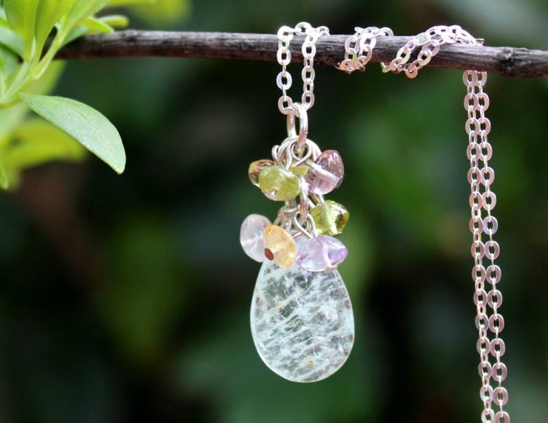 Aquamarin Stein Anhänger Halskette Multi Edelstein Sterling Silber Kette Cluster Healing Braut Amethyst Peridot Citrin Handmade von GinaJiangDesign