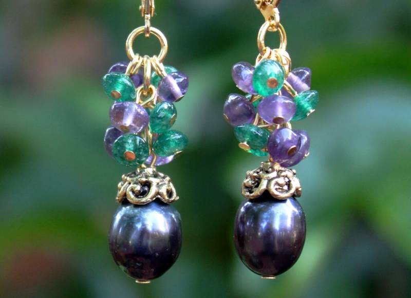 Barock Schwarze Perle Multi Edelsteine Cluster Ohrringe Gold Silber Tropfen Baumeln Braut Anweisung Amethyst Aventurin Handmade von GinaJiangDesign