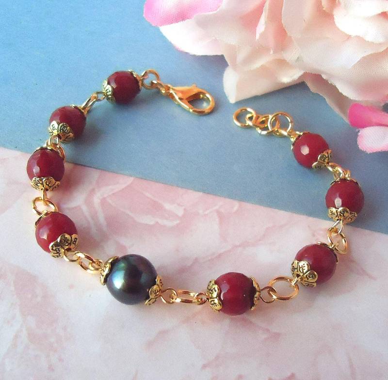 Barock Schwarze Perle Armband Rote Jade Edelstein Gold Silber Braut Hochzeit Valentine Perlen Rubin Geburtstag Erklärung Formelles Geschenk von GinaJiangDesign